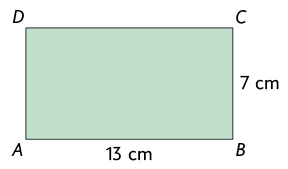 Ilustração de um retângulo A B C D. A base A B mede 13 centímetros e a altura mede 7 centímetros.