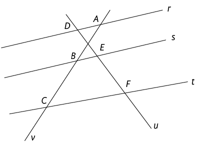 Ilustração de três retas, uma abaixo da outra e que não se cruzam. Elas são denominadas reta r, reta s e reta t, nessa ordem; e são cortadas por duas transversais, reta v e reta u. As retas u e v se cruzam entre as retas r e s. A reta r cruza com a reta v em um ponto A; a reta s cruza com a reta v em um ponto B; a reta t cruza com a reta v em um ponto C; a reta r cruza com a reta u em um ponto D; a reta s cruza com a reta u em um ponto E; e a reta t cruza com a reta u em um ponto F.
