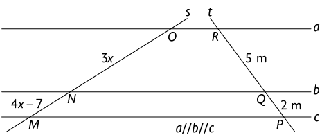 Ilustração de um feixe de retas paralelas a, b, c em que b está entre a e c, com duas retas s e t não paralelas cruzando transversalmente as retas a, b, c. A reta s cruza com a reta a em um ponto O; a reta s cruza com a reta b em um ponto N; a reta s cruza com a reta c em um ponto M; a reta t cruza com a reta a em um ponto R; a reta t cruza com a reta b em um ponto Q; a reta t cruza com a reta c em um ponto P. Estão indicadas as medidas do segmentos: segmento M N com medida 4 x menos 7; segmento N O com medida 3 x; segmento P Q com medida 2 metros; e segmento Q R com medida 5 metros.