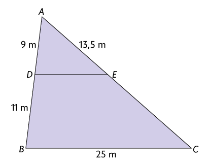 Ilustração de um triângulo A B C com um ponto D no lado A B e um ponto E no lado AC. Está traçado o segmento D E, paralelo à base B C do triângulo. Está indicado que A D mede 9 metros, D B mede 11 metros, B C mede 25 metros e o segmento E A mede 13,5 metros.