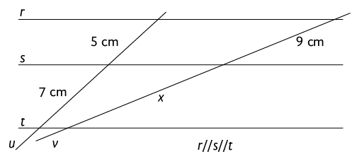 Ilustração de um feixe de retas paralelas r, s, t em que s está entre r e t, com duas retas u e v não paralelas que cruzam transversalmente as retas r, s, t. Do lado esquerdo na reta u há: um segmento de 5 centímetros que está entre a reta r e a reta s e um segmento de 7 centímetros que está entre a reta s e a reta t. Do lado direito na reta v há: um segmento de 9 centímetros que está entre a reta r e a reta s e um segmento de medida x que está entre a reta s e a reta t.