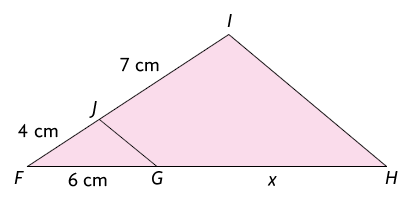 Ilustração de um triângulo F I H com um ponto J no lado F I e um ponto G no lado F H. Está traçado o segmento J G, paralelo ao lado I H do triângulo. Está indicado que F J mede 4 centímetros, J I mede 7 centímetros, H G mede x, e G F mede 6 centímetros.
