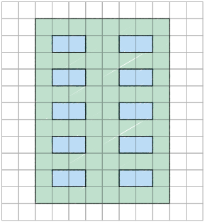 Ilustração da fachada de um prédio em uma malha quadriculada. Ela tem o formato retangular com 10 janelas também retangulares, dispostas em duas colunas com 5 janelas cada. Toda a fachada ocupa 88 quadradinhos da malha.