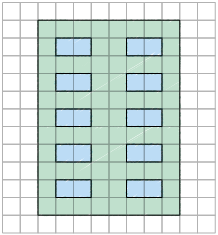 Ilustração da fachada de um prédio em uma malha quadriculada. Ela tem o formato retangular com 10 janelas também retangulares, dispostas em duas colunas com 5 janelas cada. Toda a fachada ocupa 88 quadradinhos da malha. Os quadradinhos da malha são menores que os quadradinhos da figura original.