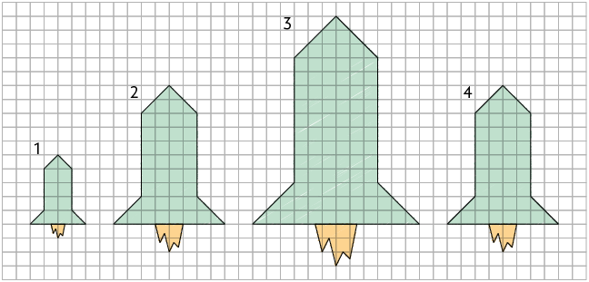 Ilustração de uma malha quadriculada com 4 figuras de foguetes enumerados da esquerda para a direita de 1 a 4 e que diferem apenas no tamanho. O foguete 1 é o menor de todos. O foguete 2 e o 4 tem o mesmo tamanho. E o foguete 3 é o maior de todos.