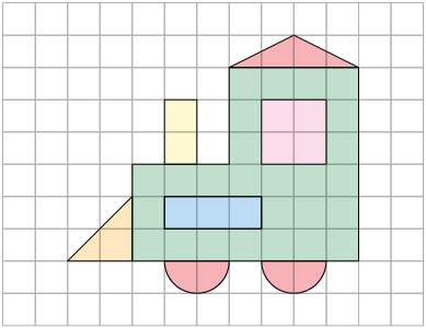 Ilustração de um trem em uma malha quadriculada, composto por figuras geométricas. A estrutura do trem é representada por retângulos e triângulos. As rodas são semicírculos, a chaminé é um retângulo e a janela um quadrado.