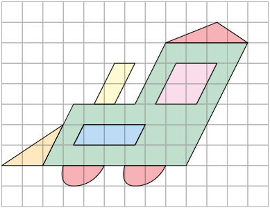 Ilustração de um trem em uma malha quadriculada, composto por figuras geométricas. Ele está inclinado para direita com sua estrutura representada por paralelogramos.