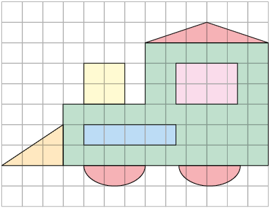 Ilustração de um trem em uma malha quadriculada, composto por figuras geométricas. A estrutura do trem é representada por retângulos e triângulos. As rodas são semicírculos, a chaminé é um quadrado e a janela um retângulo.