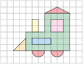 Ilustração de um trem em uma malha quadriculada, composto por figuras geométricas. A estrutura do trem é representada por retângulos e triângulos. As rodas são semicírculos, a chaminé é um retângulo e a janela um quadrado. Os quadradinhos da malha são menores que os quadradinhos das malhas anteriores.
