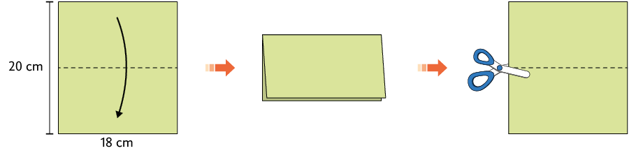 Ilustração de uma folha de papel em formato retangular com a base medindo 18 centímetros e a altura medindo 20 centímetros em 3 etapas diferentes. Primeira: A folha tem um tracejado horizontal no centro, que vai de um lado ao outro e uma seta saindo da parte de cima e apontando para a parte de baixo, indicando a direção da dobra. Segunda: A folha anterior está dobrada no local indicado na primeira etapa. Terceira: A folha foi desdobrada e há uma tesoura sem ponta do lado esquerdo no início do tracejado como se fosse iniciar o corte.