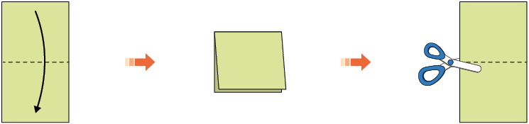 Ilustração de metade da folha de papel anterior em formato retangular em 3 etapas diferentes. Primeira: A altura da folha é o lado maior e tem um tracejado horizontal no centro, que vai de um lado ao outro e uma seta saindo da parte de cima e apontando para a parte de baixo, indicando a direção da dobra. Segunda: A metade da folha anterior está dobrada no local indicado na primeira etapa. Terceira: A metade da folha foi desdobrada e há uma tesoura sem ponta do lado esquerdo no início do tracejado como se fosse iniciar o corte.