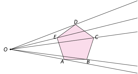 Ilustração de um ponto O externo ao pentágono A B C D E com 5 semirretas traçadas com origem nesse ponto e cada uma passando por um dos vértices A, B, C, D e E.