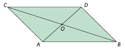 Ilustração de um paralelogramo A B C D. Há dois segmentos marcando as diagonais C B e A D e um ponto O no lugar em que as diagonais se cruzam.