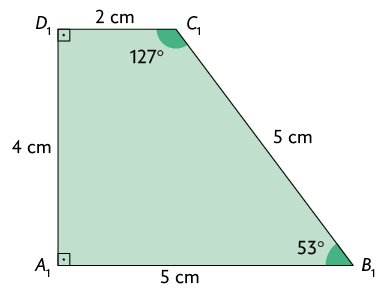 Ilustração de um trapézio retângulo A 1 B 1 C 1 D 1. A base maior mede 5 centímetros, a base menor mede 2 centímetros, a altura mede 4 centímetros e o outro lado mede 5 centímetros. O ângulo de C 1 mede 127 graus e o ângulo de B 1 mede 53 graus.