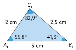 Ilustração de um triângulo A 1 B 1 C 1. Abase A 1 B 1 mede 3 centímetros, o lado A 1 C 1 mede 2 centímetros e o lado C 1 B 1 mede 2,5 centímetros. O ângulo A 1 mede 55,8 graus, o ângulo B 1 mede 41,3 graus e o ângulo C 1 mede 82,9 graus.