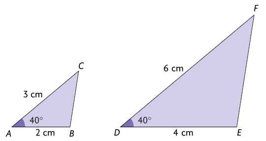 Ilustração de 2 triângulos um ao lado do outro. Um é o triângulo A B C em que: o lado A B mede 2 centímetros, o lado A C mede 3 centímetros e o ângulo interno de A mede 40 graus. O outro é o triângulo D E F, em que: o lado D E mede 4 centímetros, o lado D F mede 6 centímetros e o ângulo interno de D mede 40 graus.