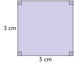 Ilustração de um quadrado com lados medindo 3 centímetros.