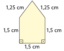 Ilustração de um polígono de 5 lados. Dois lados têm 1,25 centímetros de medida; e os outros 3 lados tem 1,5 centímetros de medida. A base corresponde a um lado de 1,5 centímetros e os dois ângulos consecutivos da base medem 90 graus.