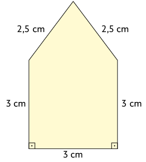 Ilustração de um polígono de 5 lados. Dois lados têm 2,5 centímetros de medida; e os outros 3 lados tem 3 centímetros de medida. A base corresponde a um lado de 3 centímetros e os dois ângulos consecutivos da base medem 90 graus..