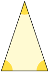 Ilustração de um triângulo isósceles. Os lados iguais têm aproximadamente 2,5 centímetros de comprimento; e o terceiro lado tem medida de aproximadamente 1,6 centímetros. Os ângulos internos estão destacados e tem aproximadamente as medidas: 71 graus; 71 graus e 38 graus.