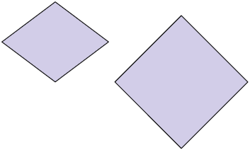 Ilustração de 2 losangos com medidas de comprimento dos lados proporcionai. Em um losango todos os ângulos medem 90 graus; e no outro, dois ângulos tem medida maior que 90 graus, e dois ângulos tem medida menor que 90 graus.