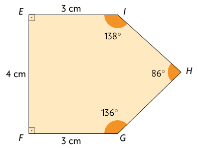 Ilustração de um polígono E F G H I. O lado F G mede 3 centímetros, o lado E F mede 4 centímetros e o lado E I mede 3 centímetros. Os ângulos de E e F são ângulos retos. O ângulo I mede 138 graus, o ângulo H mede 86 graus e o ângulo G mede 136 graus.