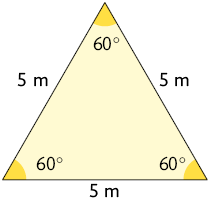 Ilustração de um triângulo equilátero com todos os ângulos internos medindo 60 graus e o comprimento dos lados medindo 5 metros.