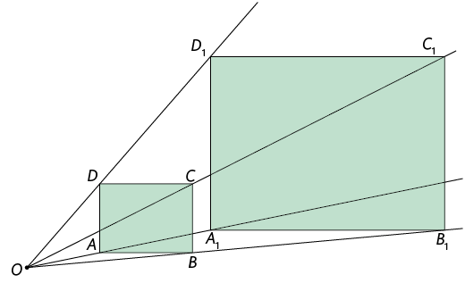 Ilustração de dois retângulos. Um deles é o retângulo A B C D com lados medindo 1,5 centímetros e 1,7 centímetros. O outro retângulo tem vértices A 1, B 1 C1D 1 e lados medindo 3,2 centímetros e 4,4 centímetros . Há um ponto O à esquerda, externo aos dois retângulos; e há 4 semirretas, todas partindo do ponto O. Uma delas passa por D e D 1; outra passa por C e C 1; outra passa por B e B 1; e a outra passa por A e A 1.
