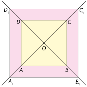 Ilustração de dois quadrados. Um deles é o quadrado A B C D com lados medindo aproximadamente 2,5 centímetros. O outro quadrado tem vértices A 1, B 1 C1 D 1 e tem lados medindo aproximadamente 3,7 centímetros. O quadrado A B C D está dentro do quadrado A 1 B 1 C 1 D . Há um ponto O no centro de ambos os quadrados e estão traçadas as retas que também são diagonais dos quadrados. Uma delas passa por O A, A 1, C e C1. E a outra passa por O, B B 1, D e D 1.