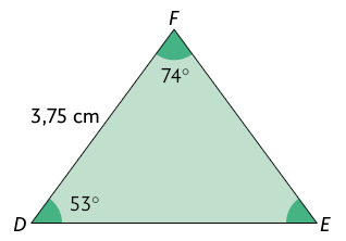 Ilustração de um triângulo D E F em que o lado D F mede 3,75 centímetros, o ângulo D mede 53 graus e o ângulo F mede 74 graus.