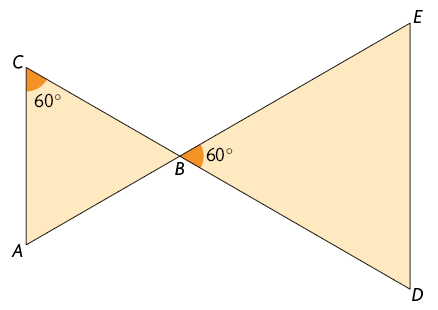 Ilustração de 2 triângulos A B C e D B E, um de frente para o outro, com o vértice B em comum. O triângulo A B C tem todos os lado medindo aproximadamente 3 centímetros, com o ângulo interno de vértice C com medida 60 graus. E o triângulo B D E tem todos os lados medindo aproximadamente 4,5 centímetros; e o ângulo interno de vértice B desse triângulo tem medida 60 graus.