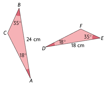 Ilustração de 2 triângulos um ao lado do outro. No triângulo A B C: o lado A B mede 24 centímetros, o ângulo B mede 35 graus e o ângulo A mede 18 graus. No triângulo D E F da direita: o lado D E mede 18 centímetros, o ângulo E mede 35 graus e o ângulo D mede 18 graus.