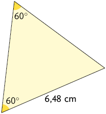 Ilustração de um triângulo em que um lado mede 6,48 centímetros e um ângulo adjacente a esse lado mede 60 graus e o ângulo oposto a esse lado mede 60 graus.