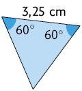 Ilustração de um triângulo em que um lado mede 3,25 centímetros e os ângulos adjacentes a esse lado medem 60 graus cada.