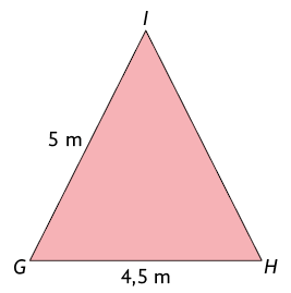 Ilustração de um triângulo G H I em que o lado I G mede 5 metros e o lado G H mede 4,5 metros.
