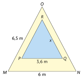 Ilustração de 2 triângulos. No triângulo O M N o lado O M mede 6,5 metros e o lado M N mede 6 metros. O triângulo P R Q é interno ao triângulo O M N, seu lado P Q mede 3,6 metros e o lado R Q mede x.
