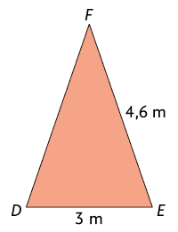 Ilustração de um triângulo E D F em que o lado E D mede 3 metros e o lado E F mede 4,6 metros.