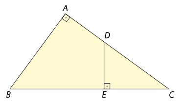 Ilustração de um triângulo retângulo A B C reto em A. Há um ponto E no lado B C e um ponto D no lado A C. Há um segmento traçado do ponto E ao ponto D, perpendicular ao lado B C que forma outro triângulo retângulo E D C.