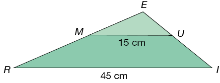 Ilustração de um triângulo retângulo E R I. Há um ponto M no lado E R e um ponto U no lado E I. Há um segmento traçado do ponto M ao ponto U, paralelo a base R I, formando um triângulo E M U. O lado M U mede 15 centímetros e o lado R I mede 45 centímetros.