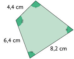 Ilustração de um polígono de 4 lados com ângulos diferentes. Em cada ângulo há uma marcação diferente composta por traços, indo de 1 a 4 traços. E estão indicadas as medidas de 3 lados. O lado que está entre o ângulo com um traço e o ângulo com 4 traços tem 4,4 centímetros; o lado que está entre o ângulo com 4 traços e o ângulo com 3 traços tem 6,4 centímetros; e o lado que está entre o ângulo com 3 traços e o ângulo com 2 traços tem 8,2 centímetros.