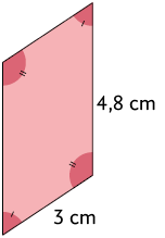 Ilustração de um paralelogramo com ângulos opostos congruentes. Um lado mede 4,8 centímetros e o outro mede 3 centímetros.