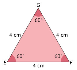 Ilustração de um triângulo E F G em que os lados medem 4 centímetros cada e os ângulos medem 60 graus cada.