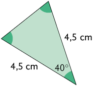 Ilustração de um triângulo em que um ângulo mede 40 graus e os lados adjacentes a esse ângulo medem 4,5 centímetros cada.