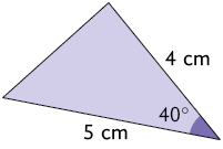 Ilustração de um triângulo em que um ângulo mede 40 graus e os lados adjacentes a esse ângulo medem 5 e 4 centímetros.
