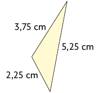 Ilustração de um triângulo retângulo com base medindo 2,25 centímetros, altura medindo 3,75 centímetros; e o terceiro lado medindo 5,25 centímetros.