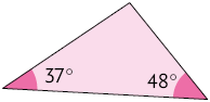 Ilustração de um triângulo com o ângulo adjacente a base do lado esquerdo medindo 37 graus e o ângulo adjacente a base do lado direito medindo 48 graus.