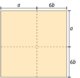 Ilustração de um quadrado com o comprimento do lado medindo parte, a, e, parte, 6 b, indicadas por cotas. Há dois tracejados na divisa entre, a, e, 6 b, que vão de um lado a outro e que são perpendiculares entre si.