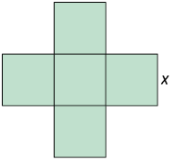 Ilustração de 5 quadrados de lado medindo x encostados uns aos outros. Há 3 quadrados na horizontal e no quadrado do meio tem um quadrado a cima dele e outro abaixo dele.