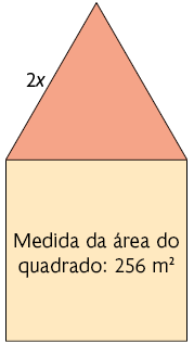 Ilustração de um quadrado com a indicação: Medida da área do quadrado: 256 metros quadrados. E um triângulo encostado e em cima do quadrado, com a base medindo o mesmo tamanho que o lado do quadrado e com um dos lados indicando medir 2 x.