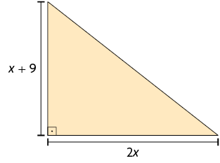 Ilustração de um triângulo retângulo com a base medindo 2 x e a altura medindo x mais 9.